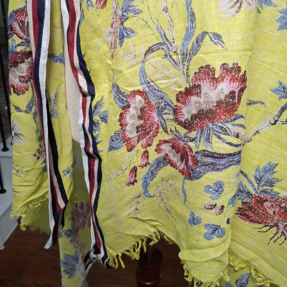 NEW Inouitoosh 78x42 Floral Scarf Wrap 100% Cotton Yellow Red Navy Border Preppy